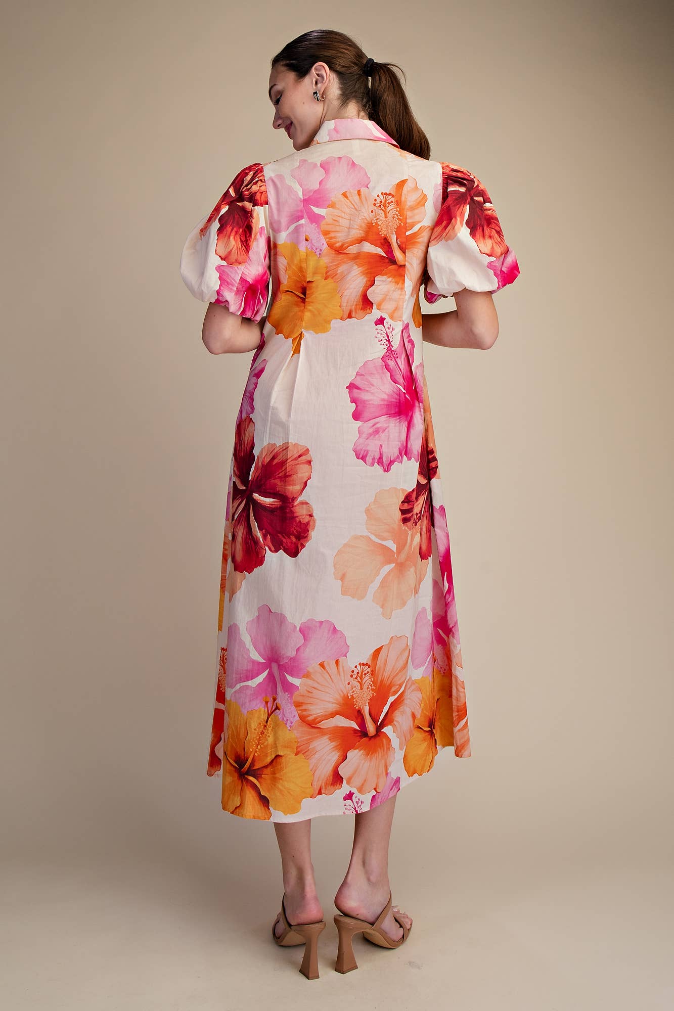 Glam - Collar V-Neck Pleated Midi Dress