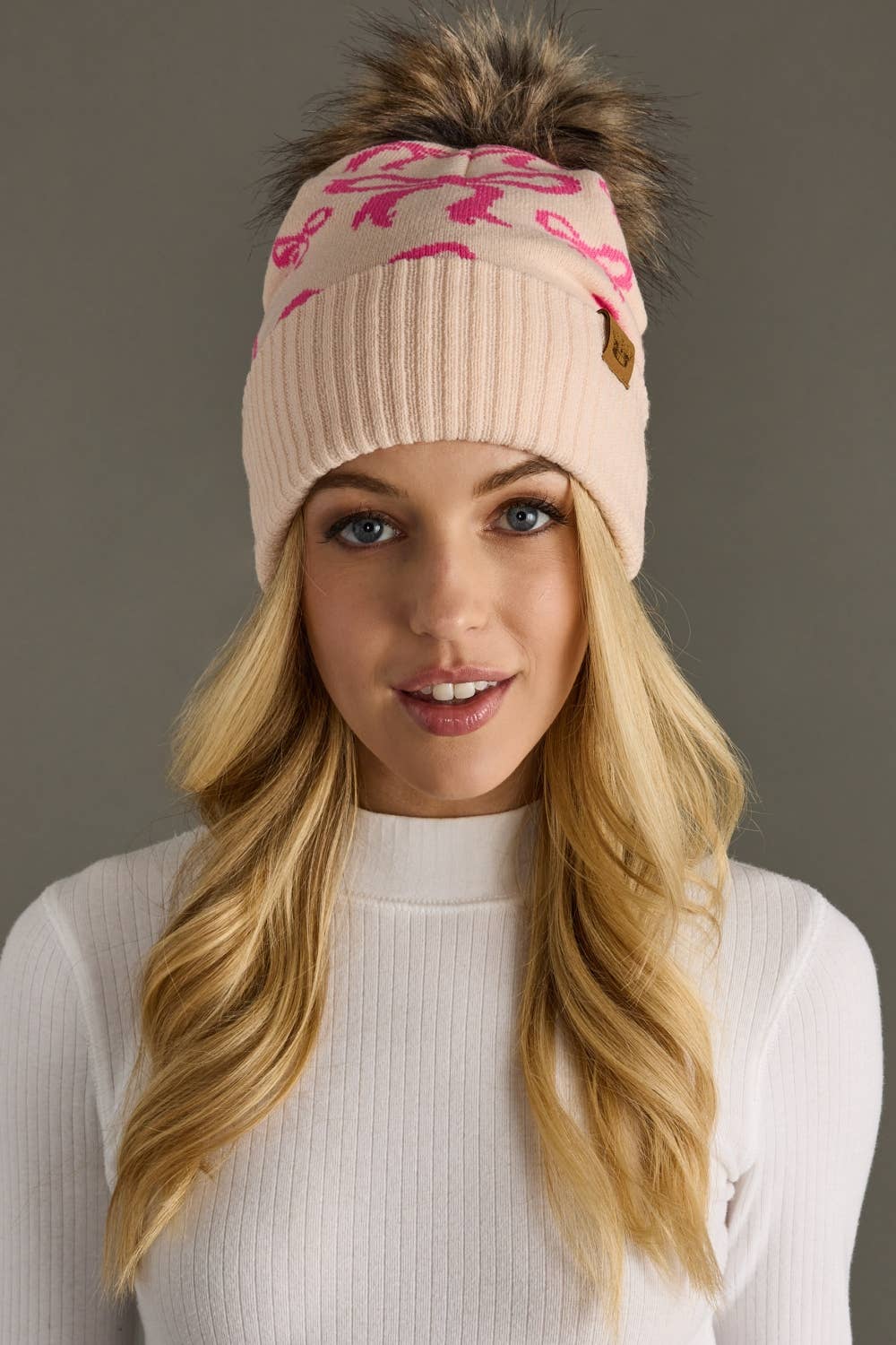 Panache Apparel Co. - Lt. Pink & Bright Pink Bow Pom Hat