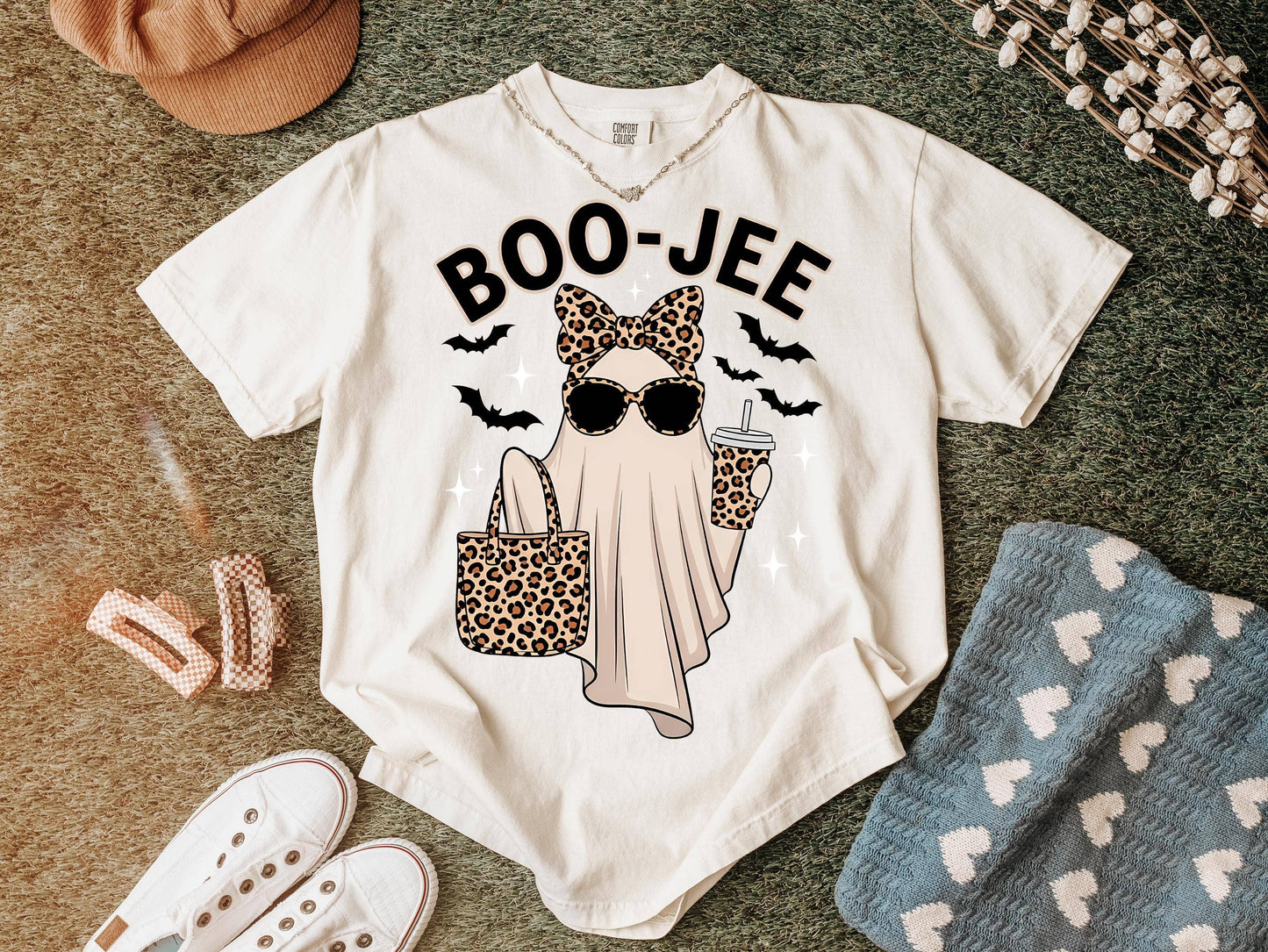 Glaime - Boo Jee Leopard Ghost Comfort Colors Tee, Halloween Sweater