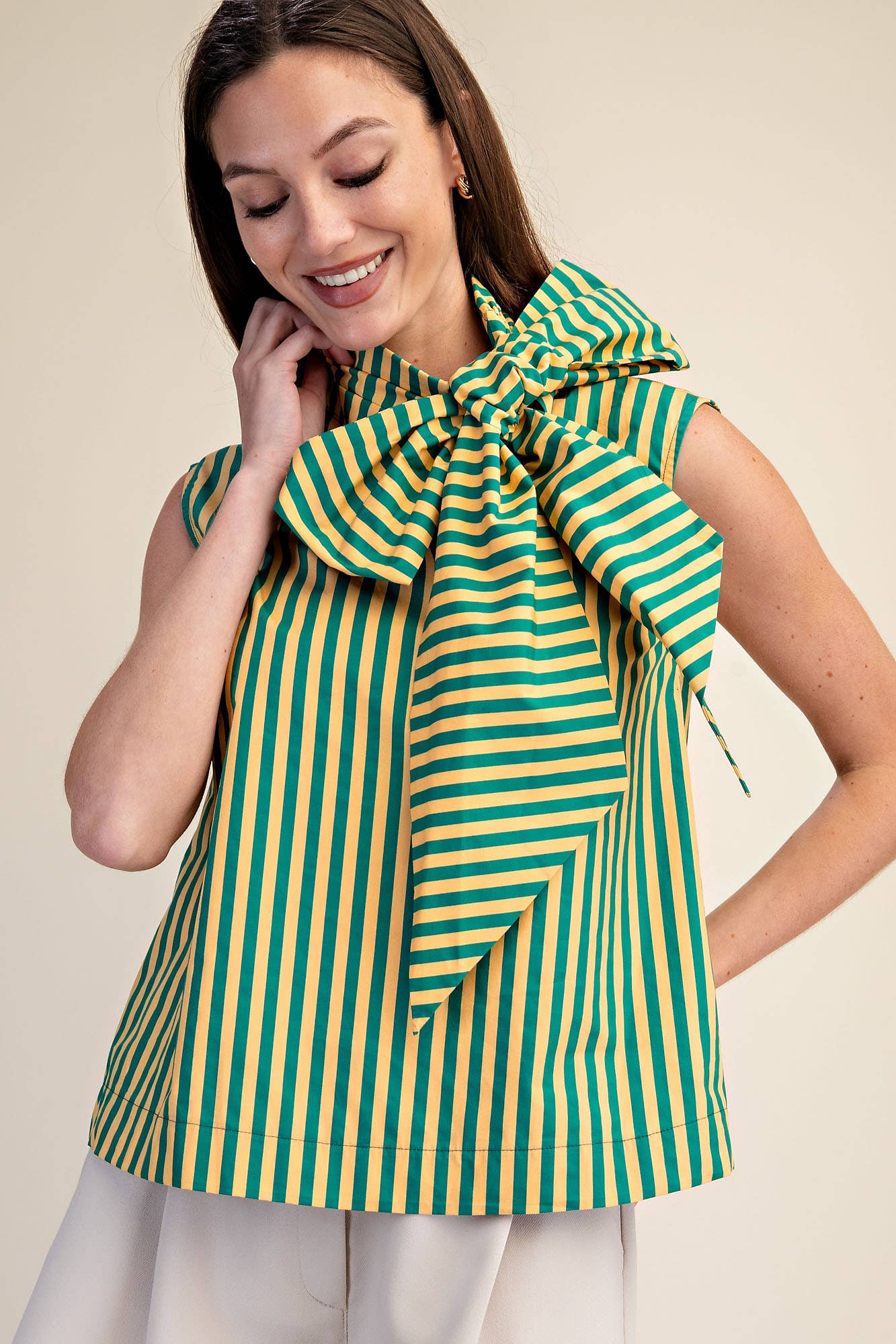 Glam - Tie Neck Sleeveless Stripe Top