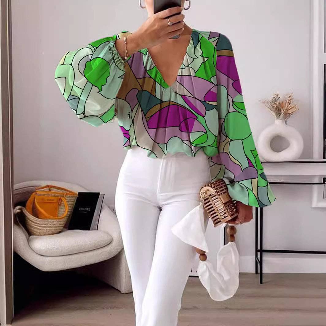 Printed V-Neck Long Sleeve Shirt Elegant Women's Loose Solid: Yellow / XL