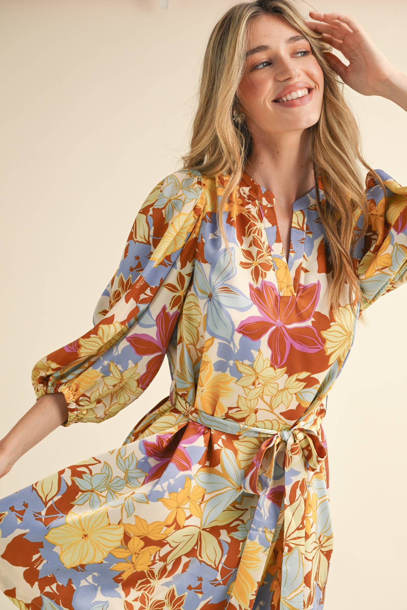 EXCLUSIVE PRINT PUFF SLEEVE TYING WAIST MINI DRESS MDR3353: Cream Multi Floral / L