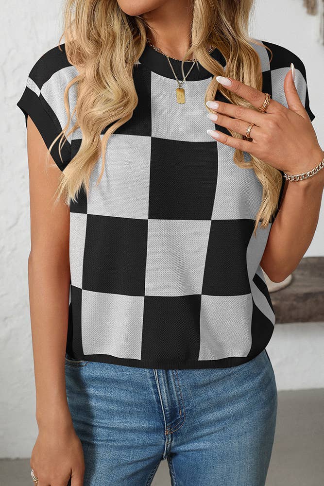 UNISHE - Cropped Color Block Crewneck Knit Checkerboard Sweater MD167