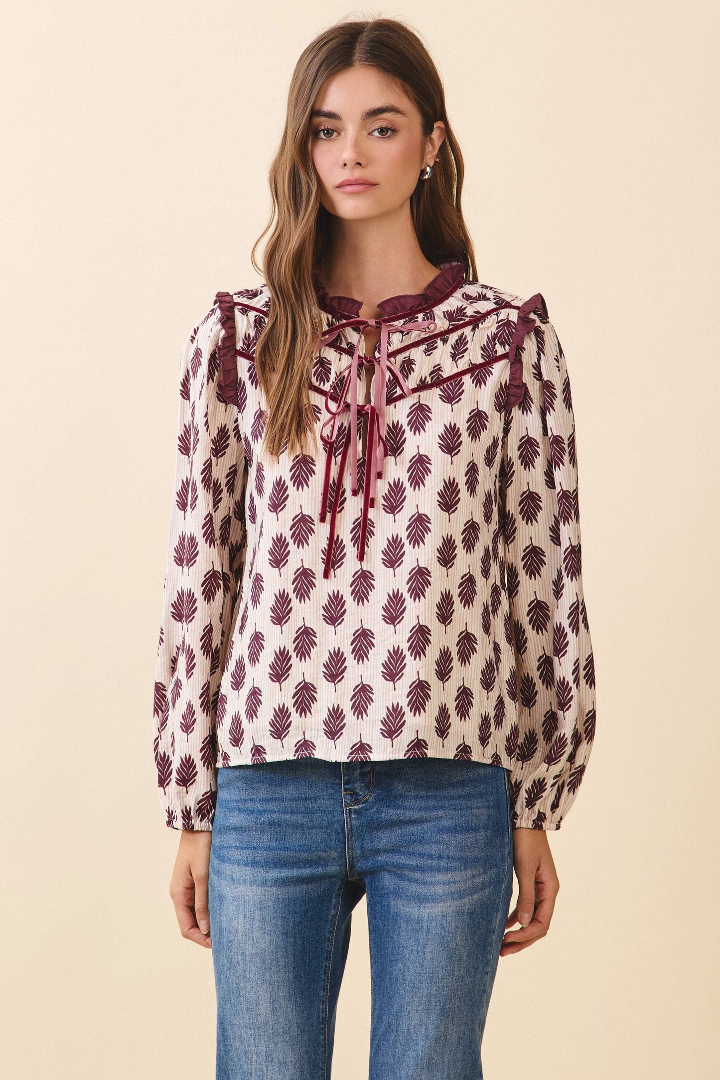 TCEC - CT9675-Leaf Print Ruffled Collar Front Tie Detail Blouse