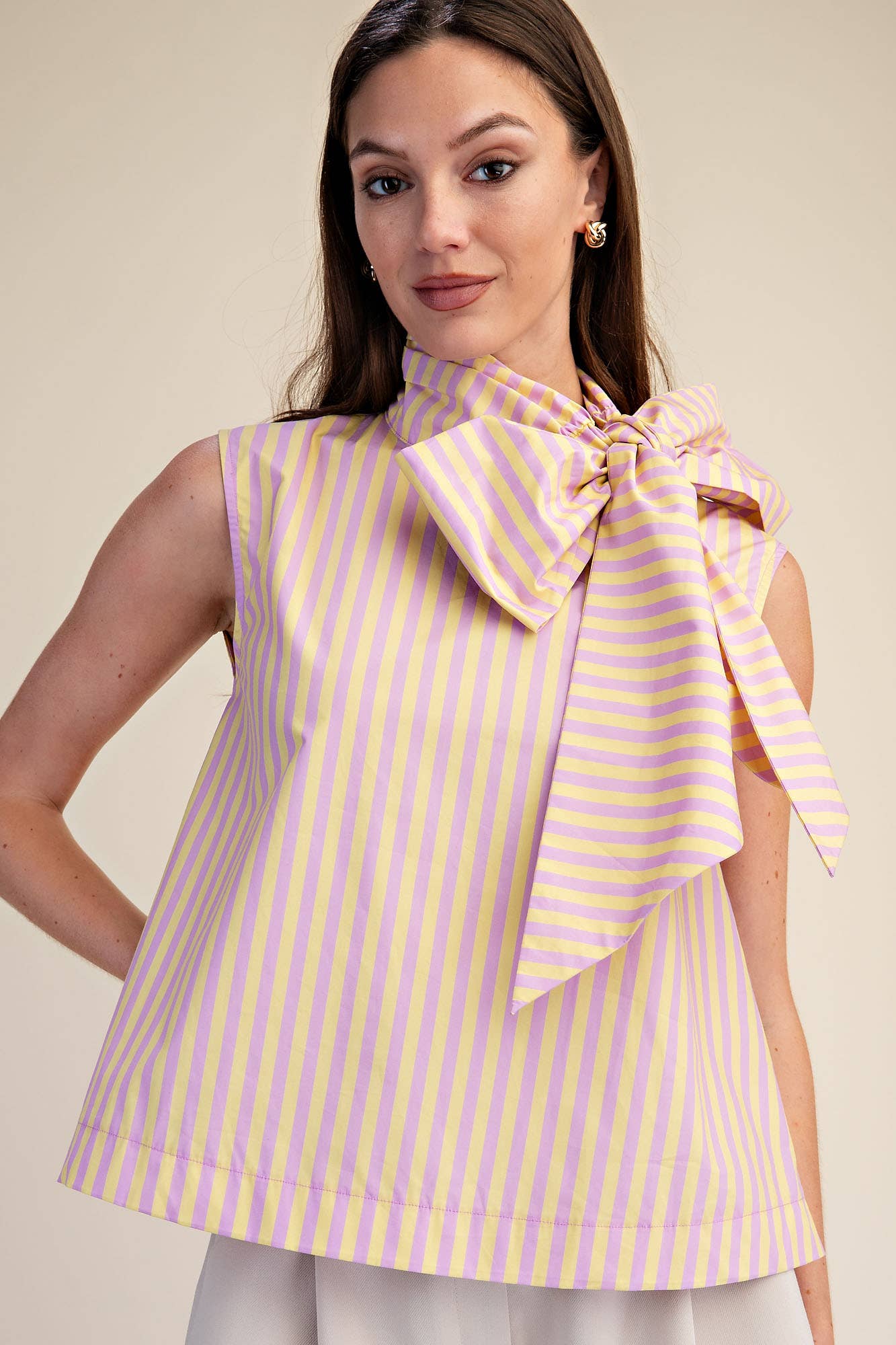 Glam - Tie Neck Sleeveless Stripe Top