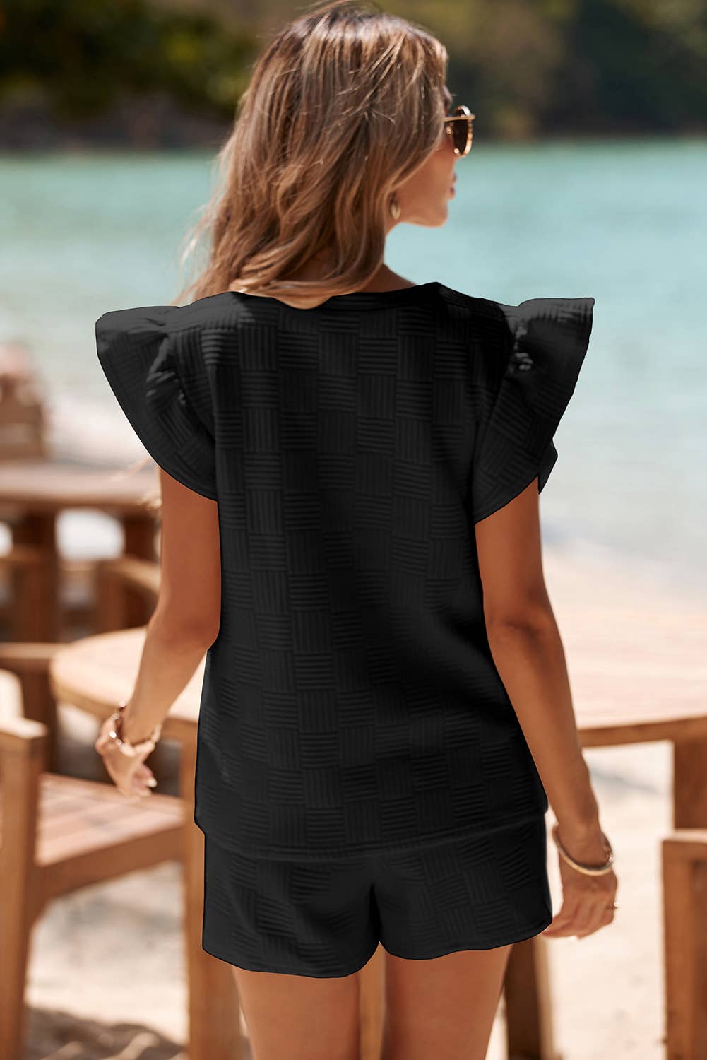 LDC Ruffled Sleeve Tee and Drawstring Shorts Set: Black/Pink