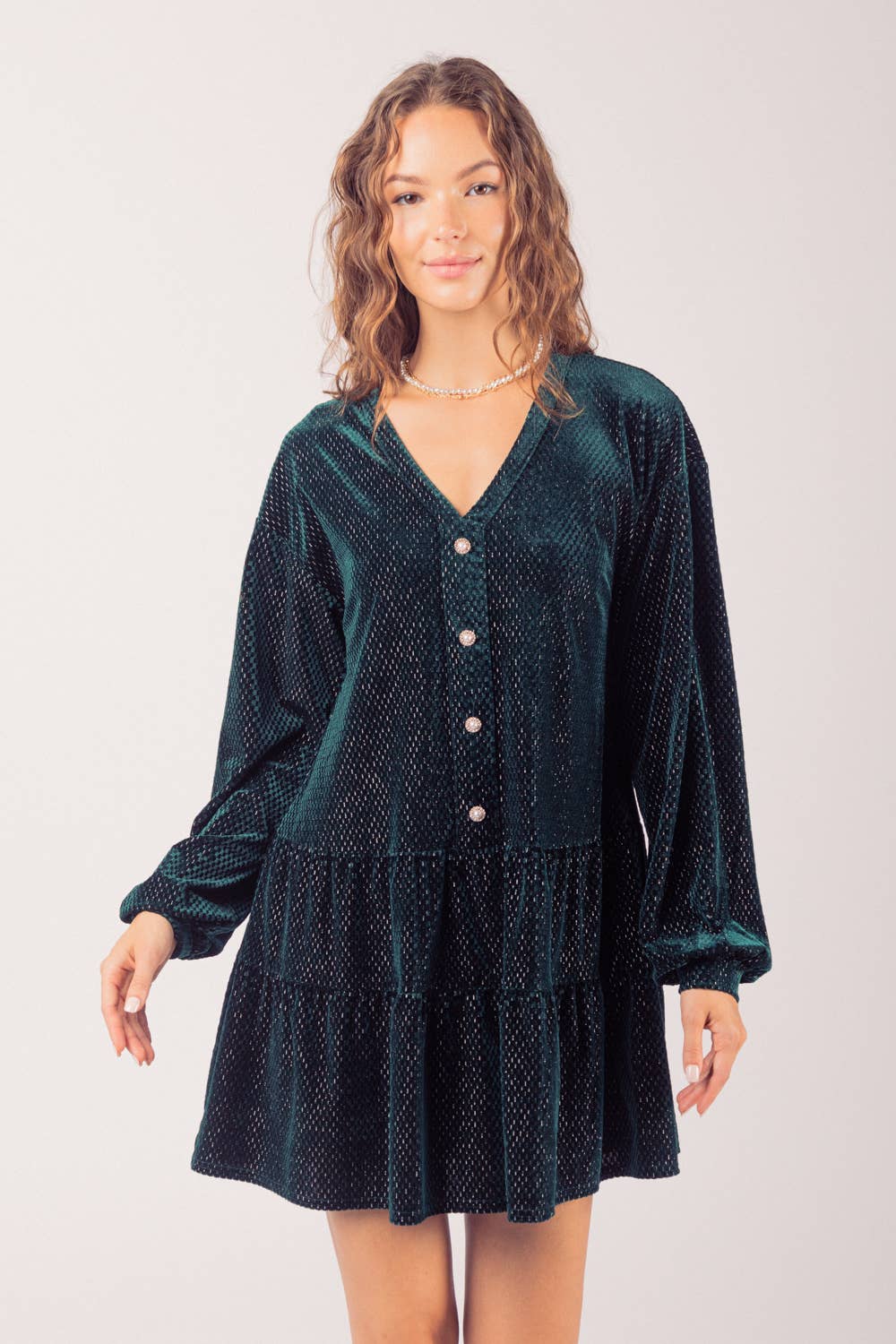 VERY J - ND31003-Tiered Textured Woven Holiday Velvet Mini Dress