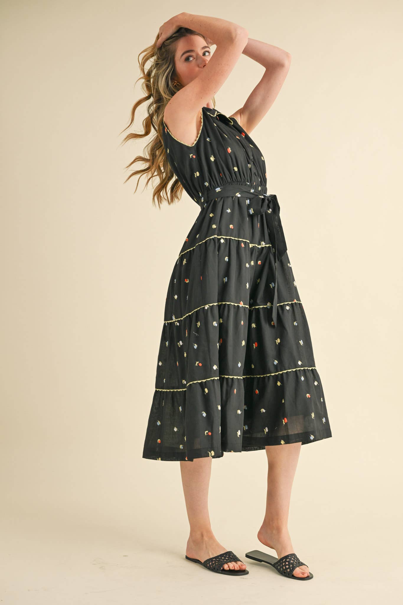 BUTTON DOWN EMBROIDERED MIDI DRESS MDR3592: Black Multi / L