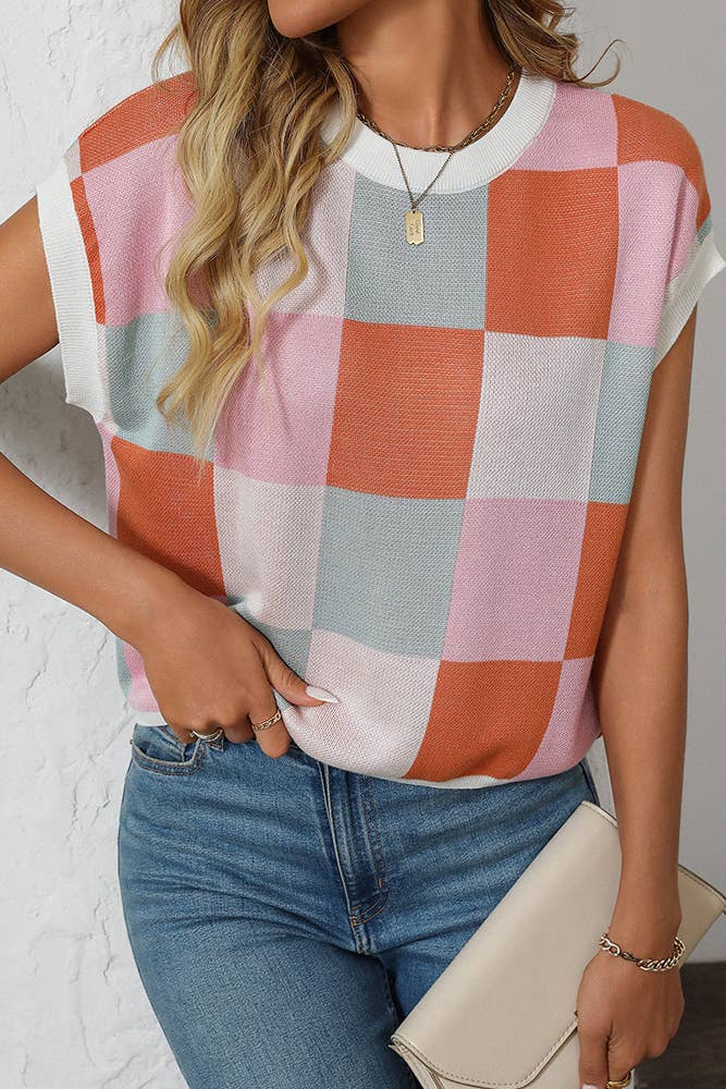 UNISHE - Cropped Color Block Crewneck Knit Checkerboard Sweater MD167
