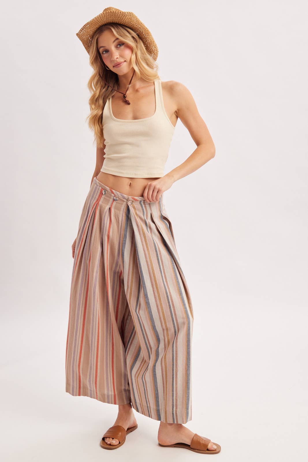 Bluivy - MULTI-STRIPE PLEATED FRONT WIDE-LEG PANTS