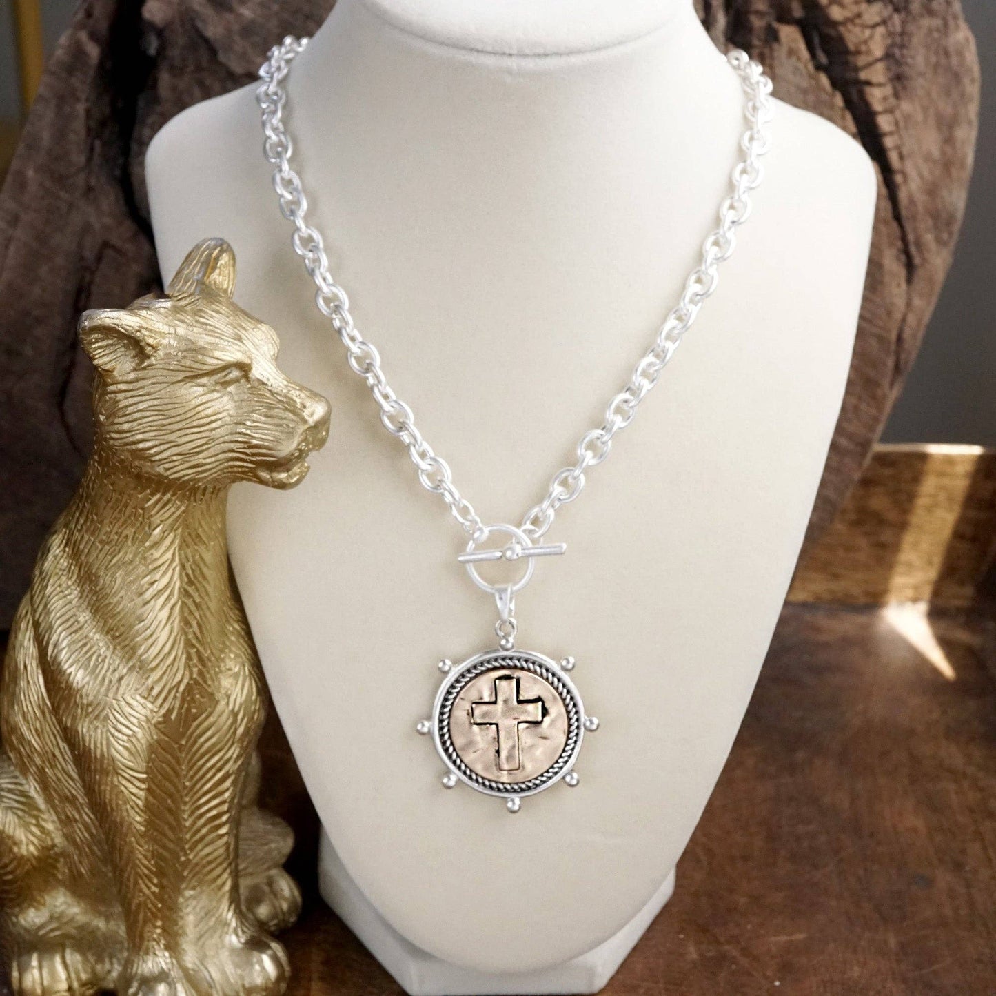 PennyLine inc - Cross Coin Chain Necklace with Front Toggle Closure – Silver or Gold Tone