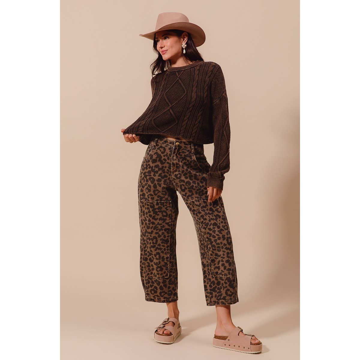 TWO TONED LEOPARD PRINT TWILL MID RISE WIDE PANTS