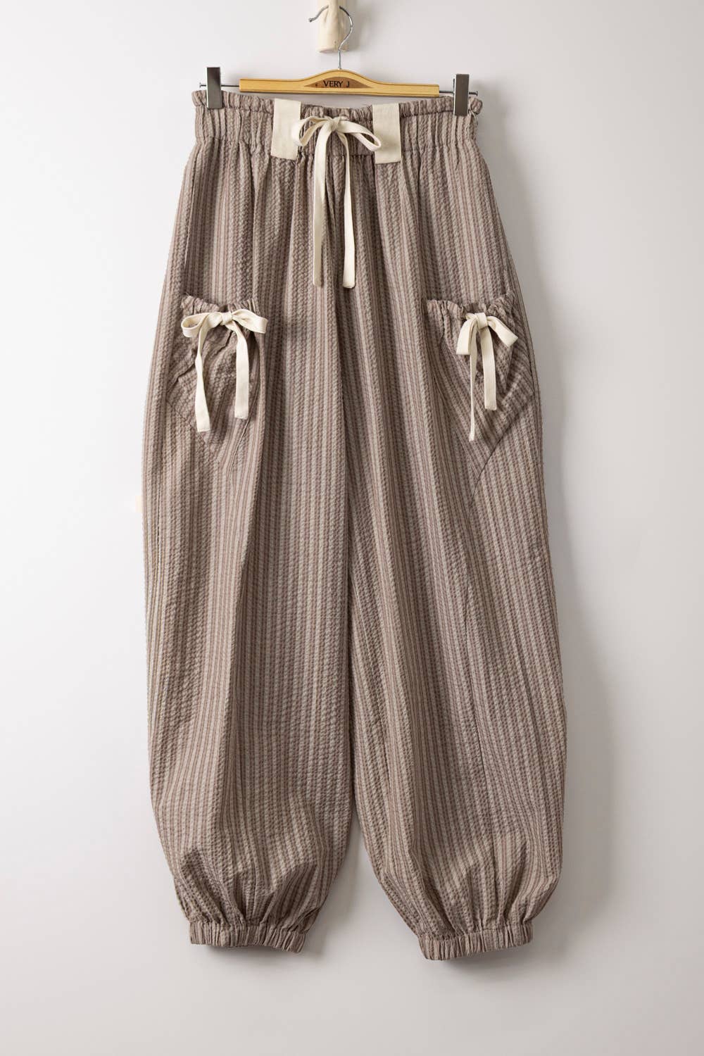 NP71004-Bow Detail Stripe Textured Woven Pants