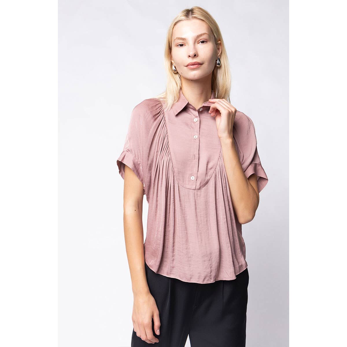Mustard Short Sleeve Shirt With Front Bib Detail