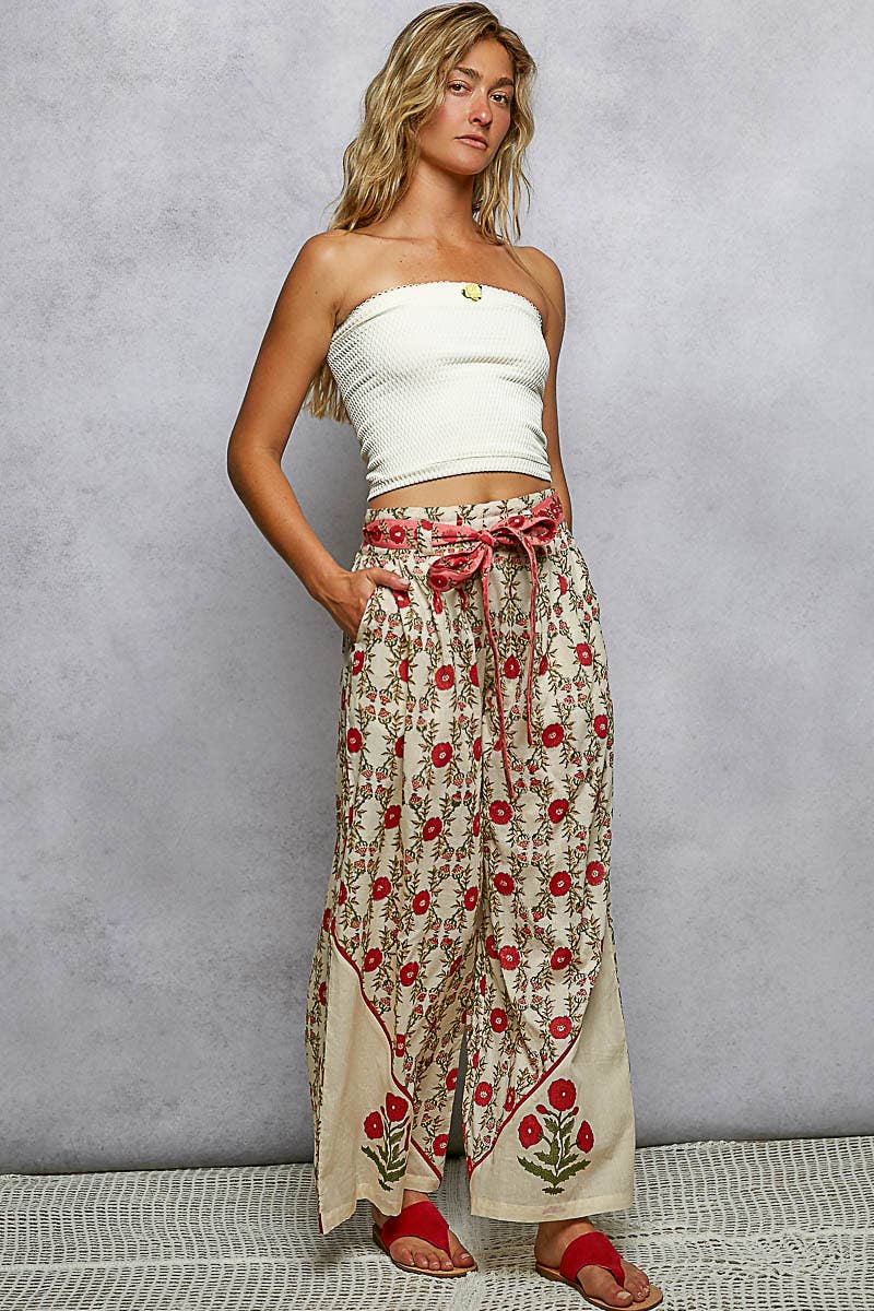 Pol Clothing - Waist Belt Floral Pattern Straight Fit Pants