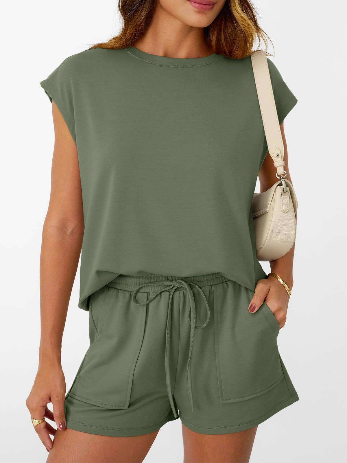 Suhkasana - Casual Lounge Set Cap Sleeve Top Drawstring Shorts