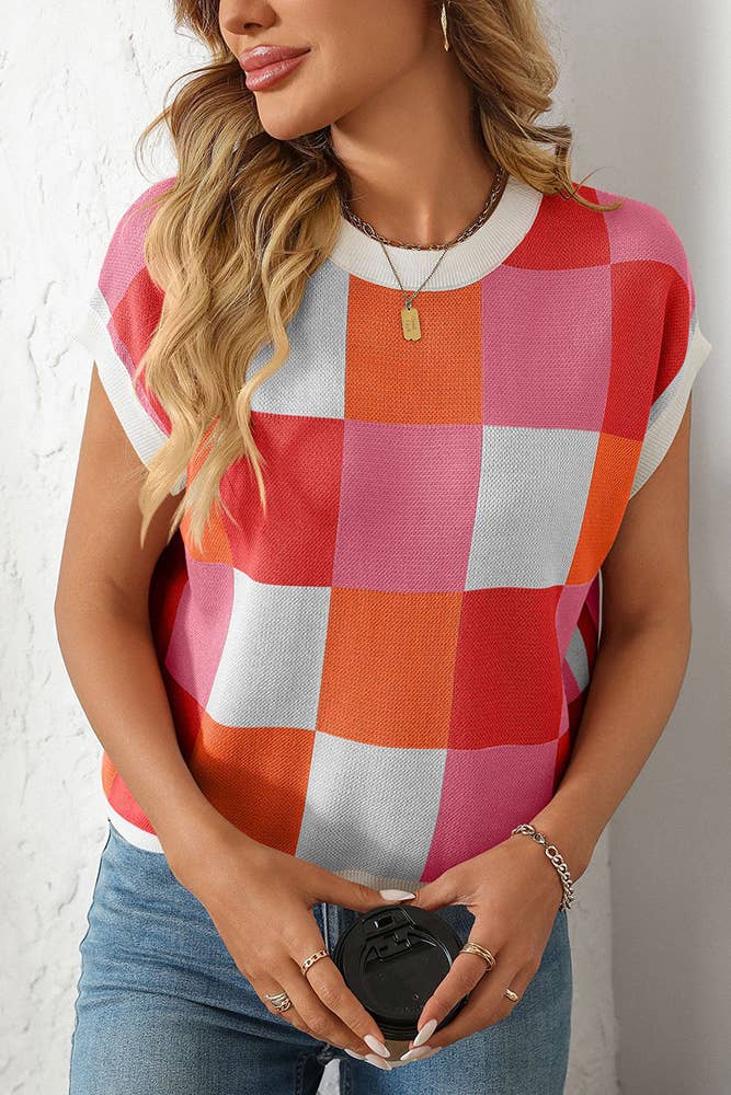 UNISHE - Cropped Color Block Crewneck Knit Checkerboard Sweater MD167