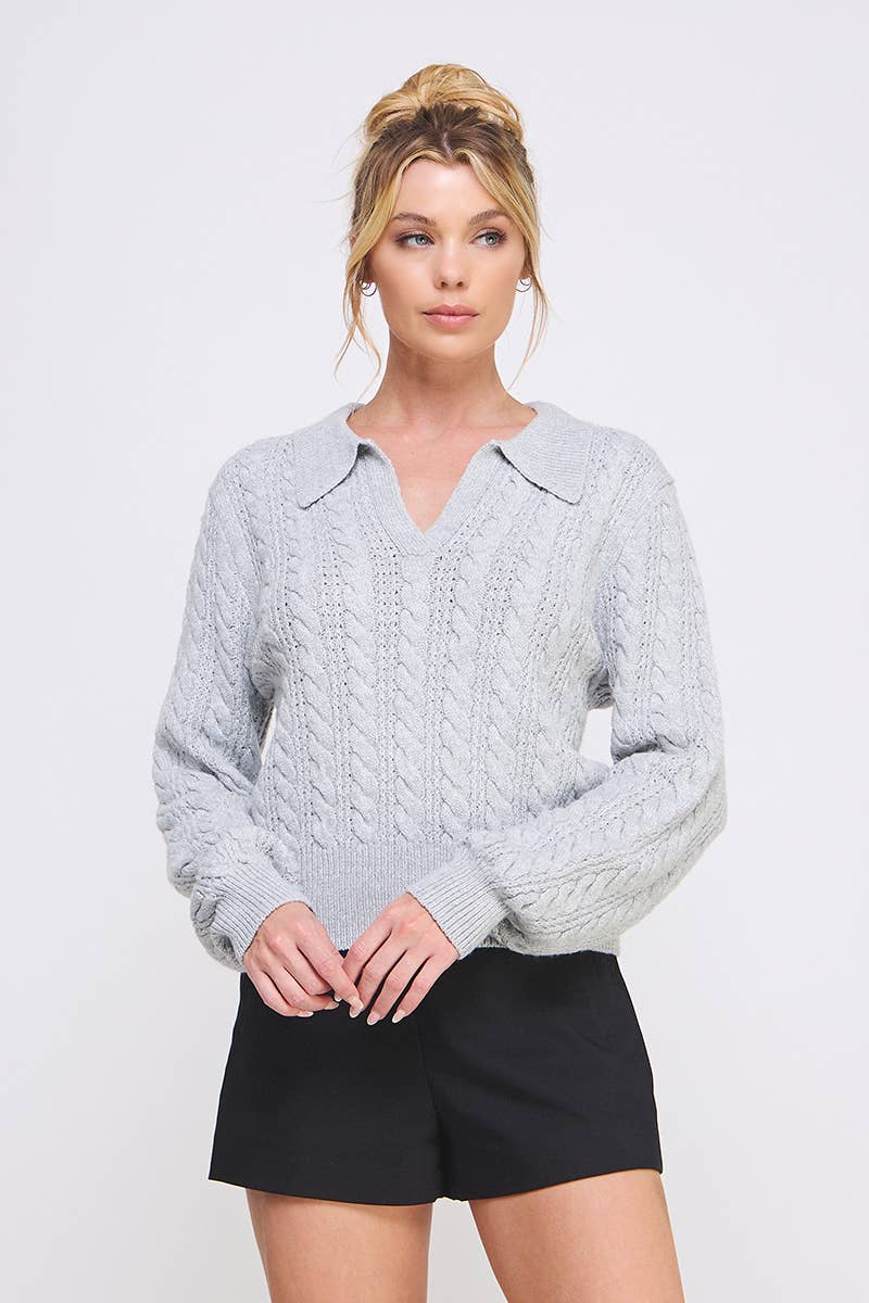 Grey Cable Knit Johnny Collar Pullover