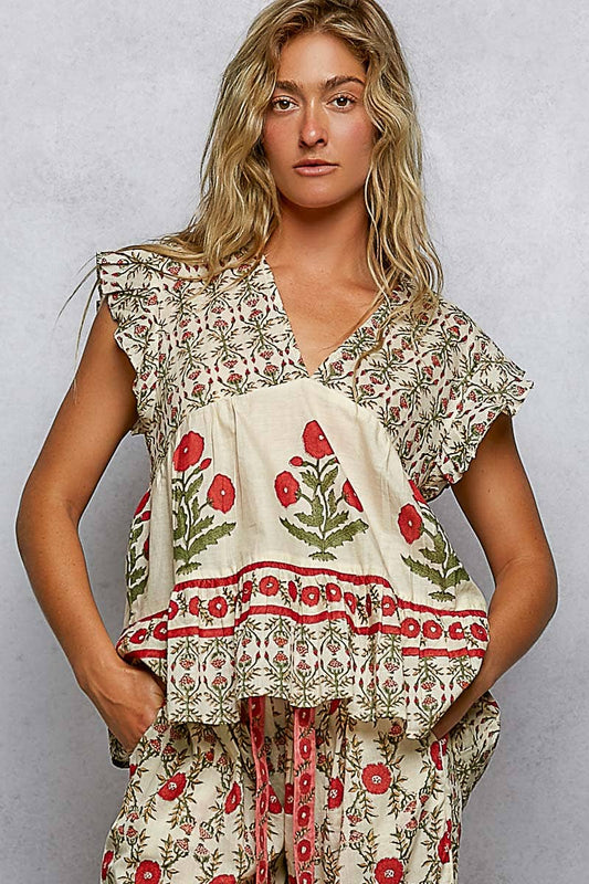 Pol Clothing - V-Neck Floral Pattern Ruffle Sleeve Top and bottoms