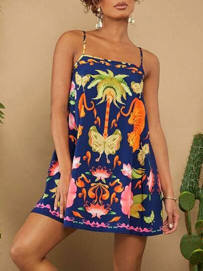 Boho Tropical & Animal Spaghetti Strap Dress