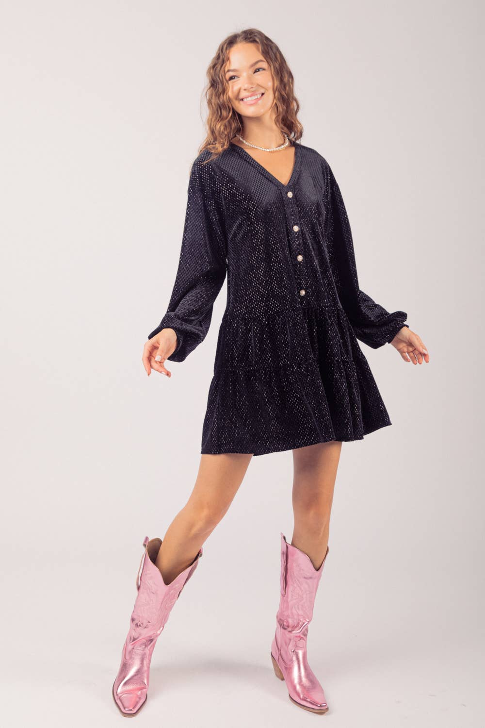 VERY J - ND31003-Tiered Textured Woven Holiday Velvet Mini Dress