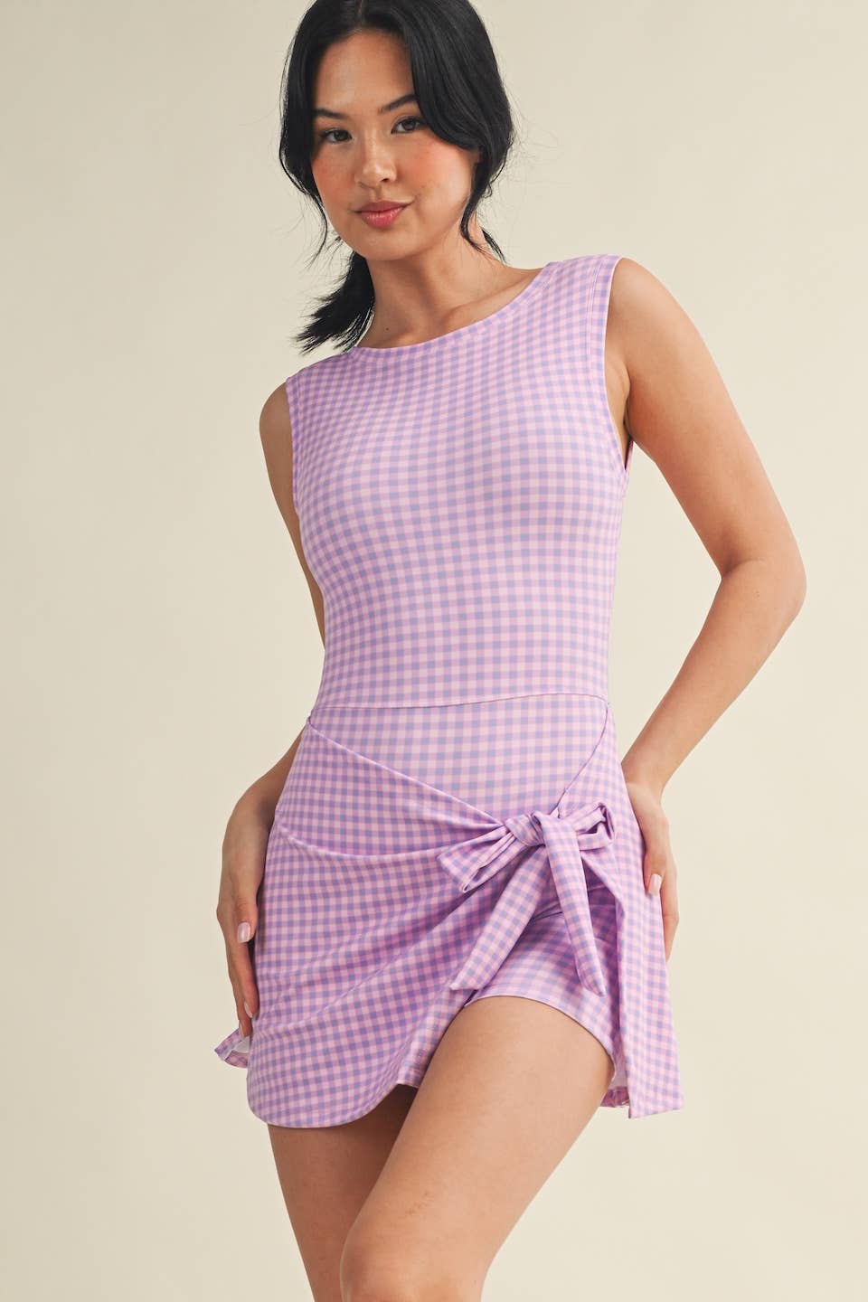 KIMBERLY C - Gingham Print Sleeveless Wrap Tie Front Dress : Black Gingham / M