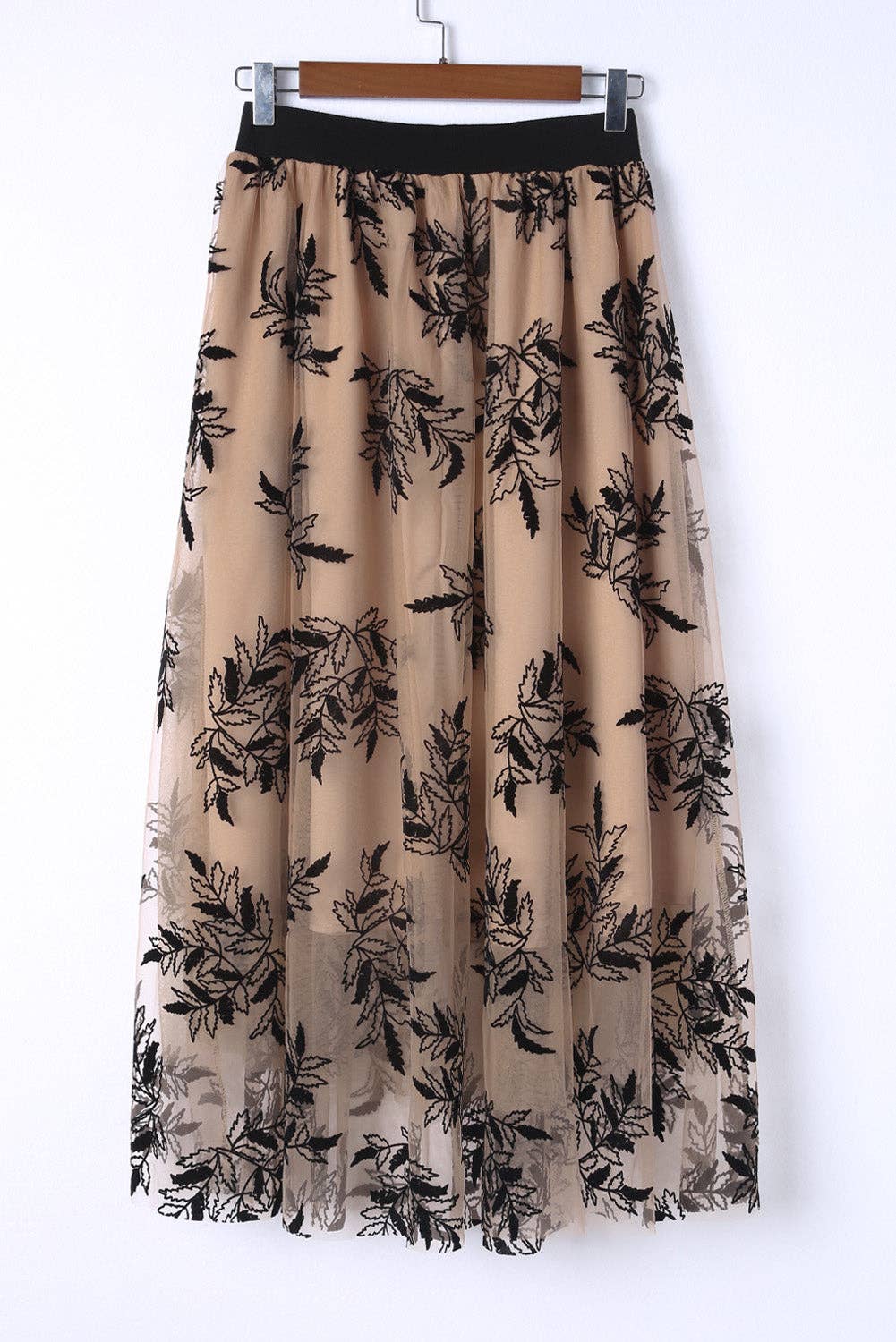 Lovesoft - Apricot Floral Leaves Embroidered High Waist Maxi Skirt