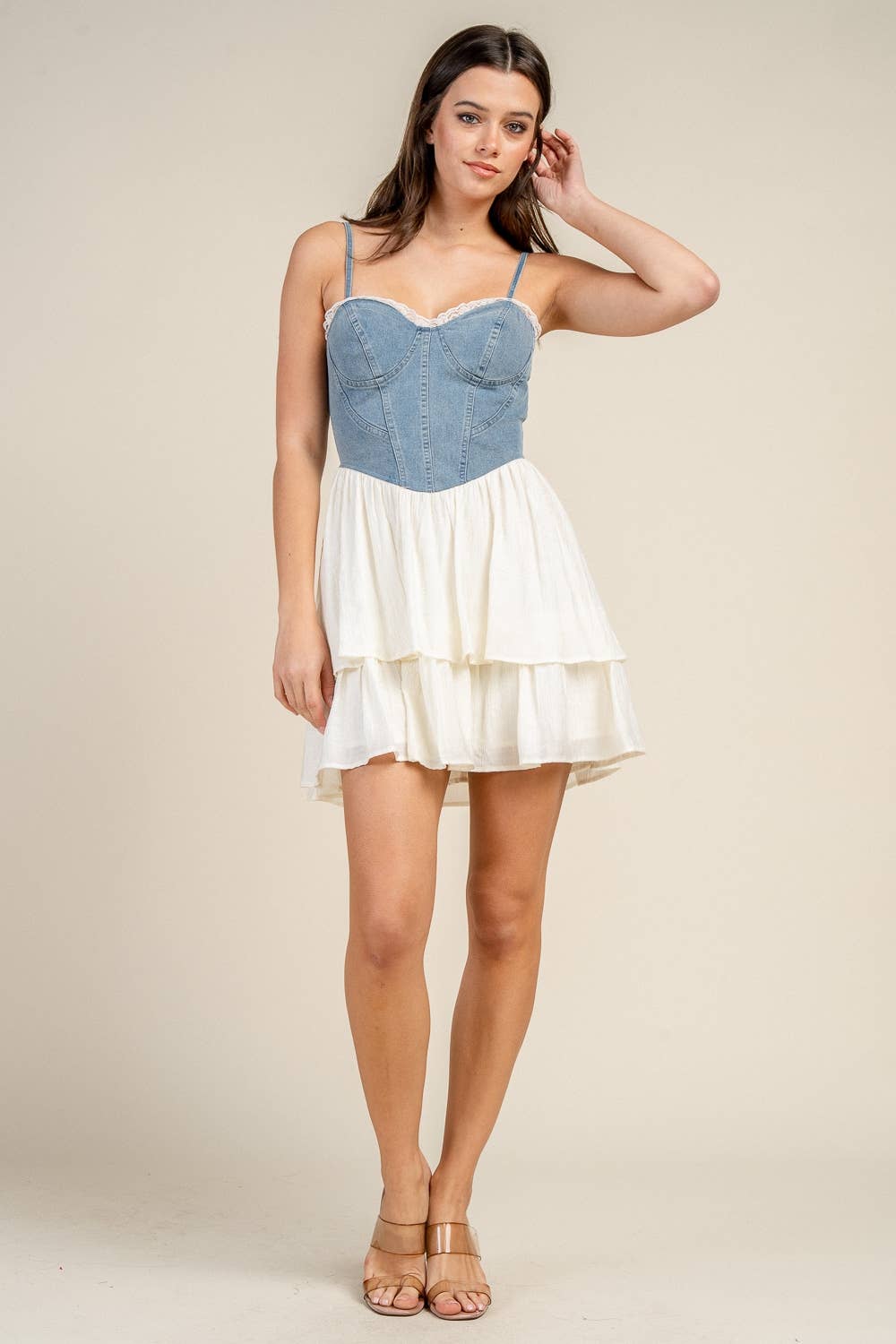 BEIVY & COLLABO - BD13254N DENIM BUSTIER DRESS W/ CONTRAST TIER SKIRT