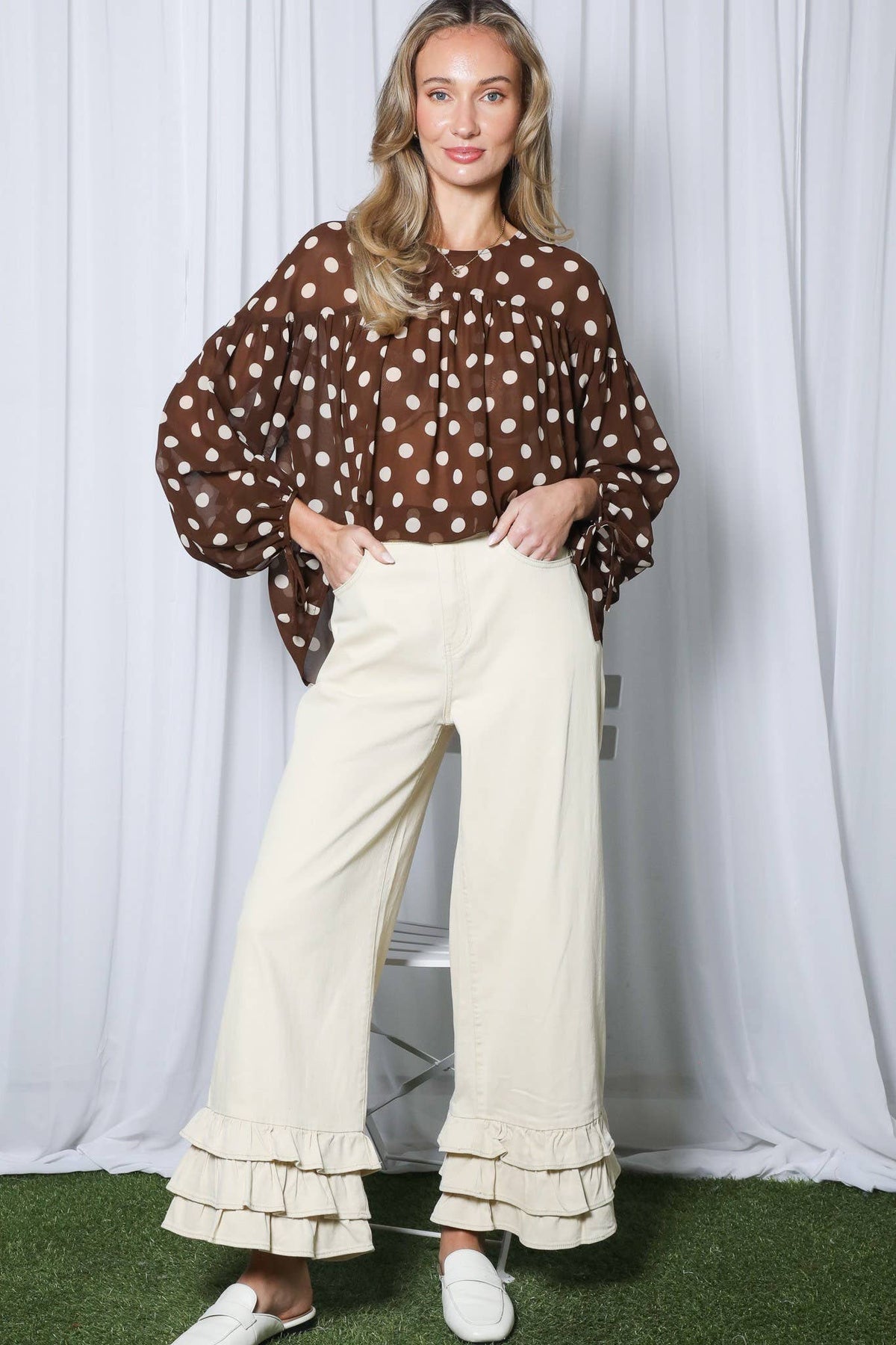 Vine & Love - Elegant Chiffon Polka Dot Blouse VT83466