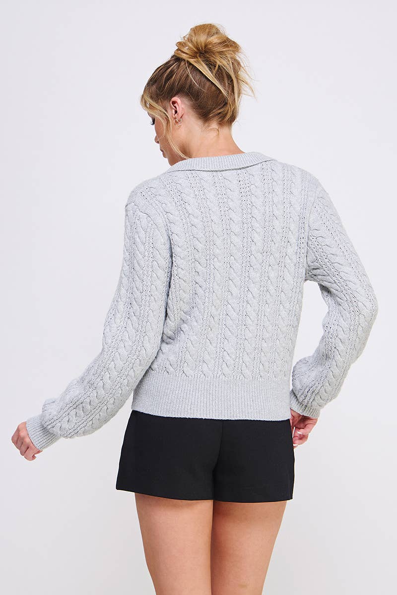 Grey Cable Knit Johnny Collar Pullover
