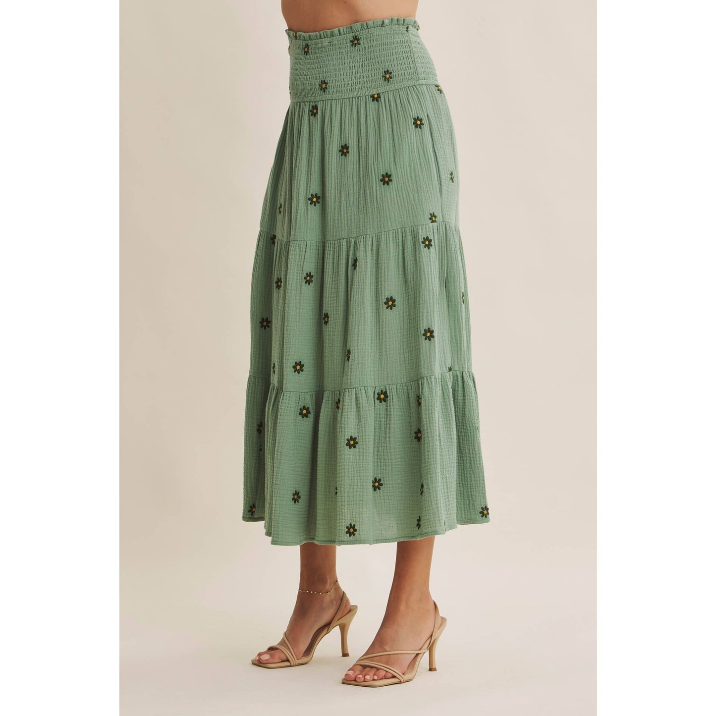 in february - SUNSET FIELD EMBROIDERED COTTON GAUZE SMOCKED MIDI SKIRTS