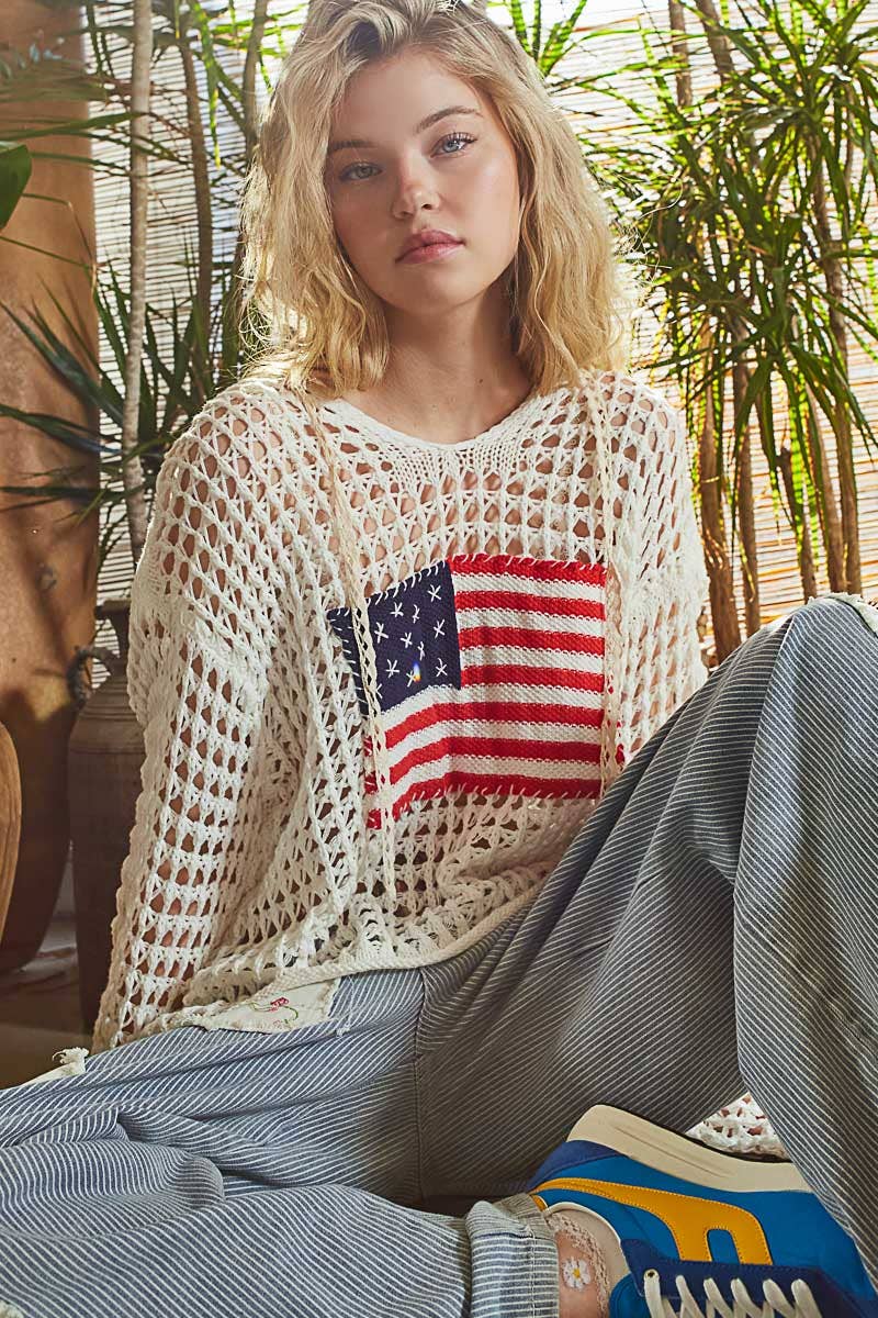 Long sleeve American flag hoodie thin sweater top SALE: Beige