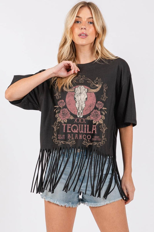Tequila Blanco Longhorn Vintage Graphic S/S Fringe Tee
