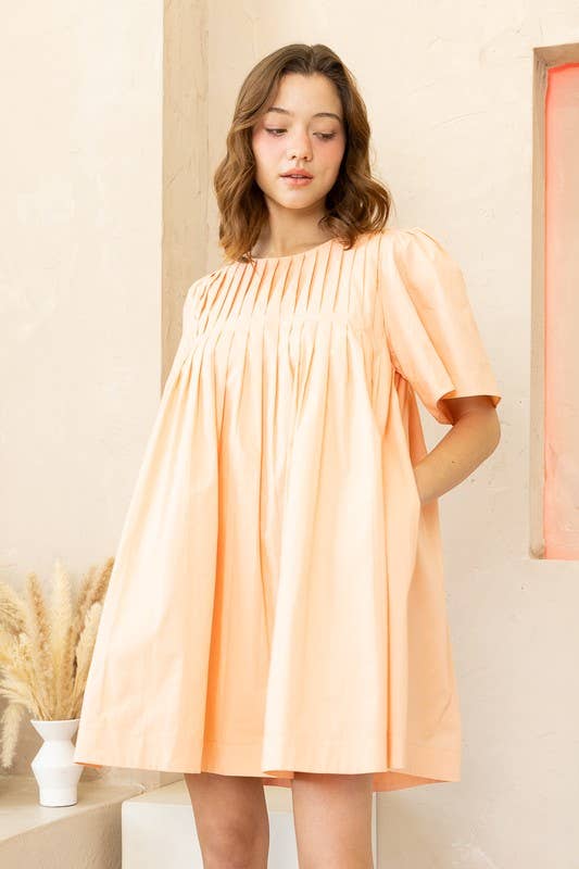 JOD1142 Pleated Front Mini Dress with Wide Sleeves