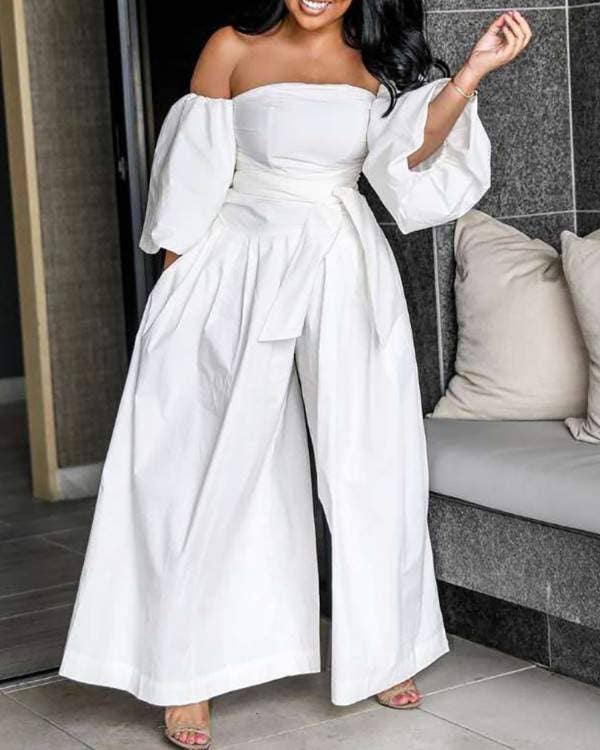 Queen Fashion - Off shoulder lantern sleeve wide leg jumpsuit