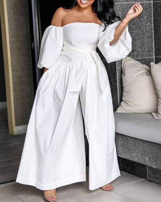 Queen Fashion - Off shoulder lantern sleeve wide leg jumpsuit