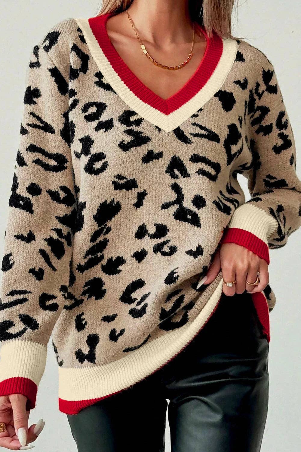 Lovesoft - Khaki Leopard Pattern V-Neck Knitted Sweater