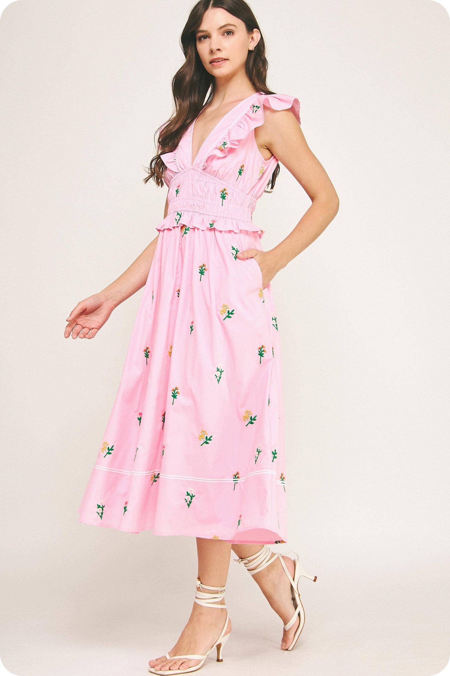 Strut & Bolt - Flower Bouquet Embroidery Midi Dress
