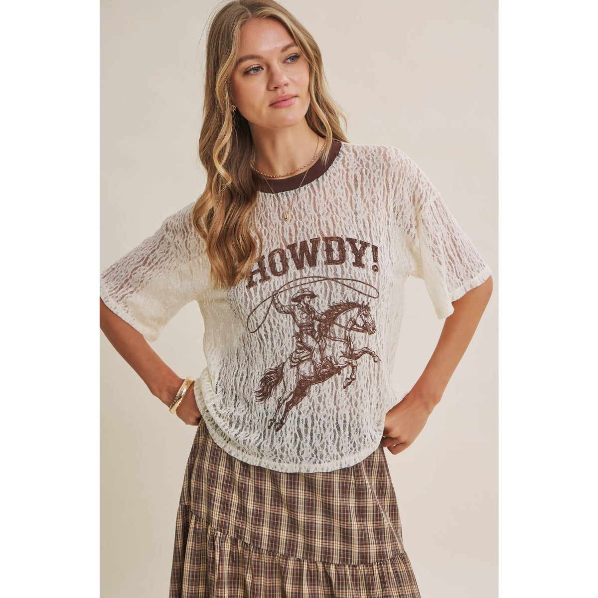in february - WESTERN INSPIRED HOWDY COWBOY GRAPHIC SHEER LACE TOP