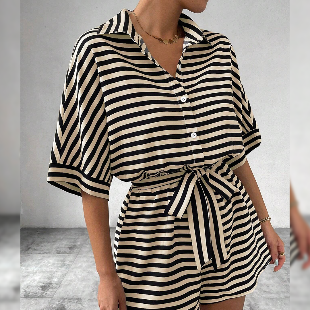 Summer Striped Lapel Button-Up Belted Shorts Romper AXR129: Red / L