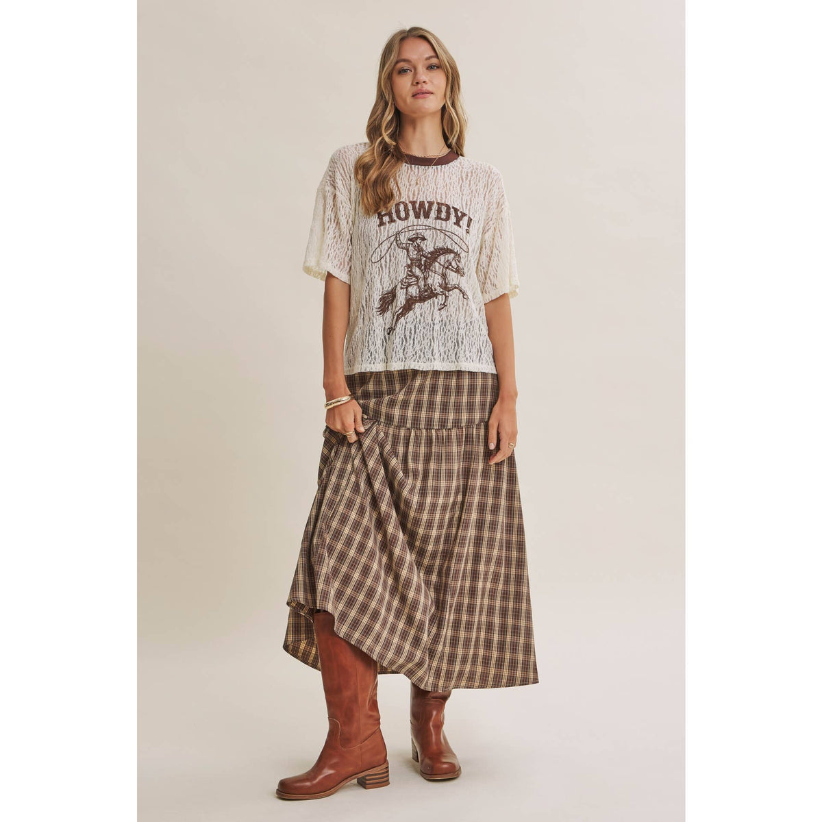 in february - WESTERN INSPIRED HOWDY COWBOY GRAPHIC SHEER LACE TOP