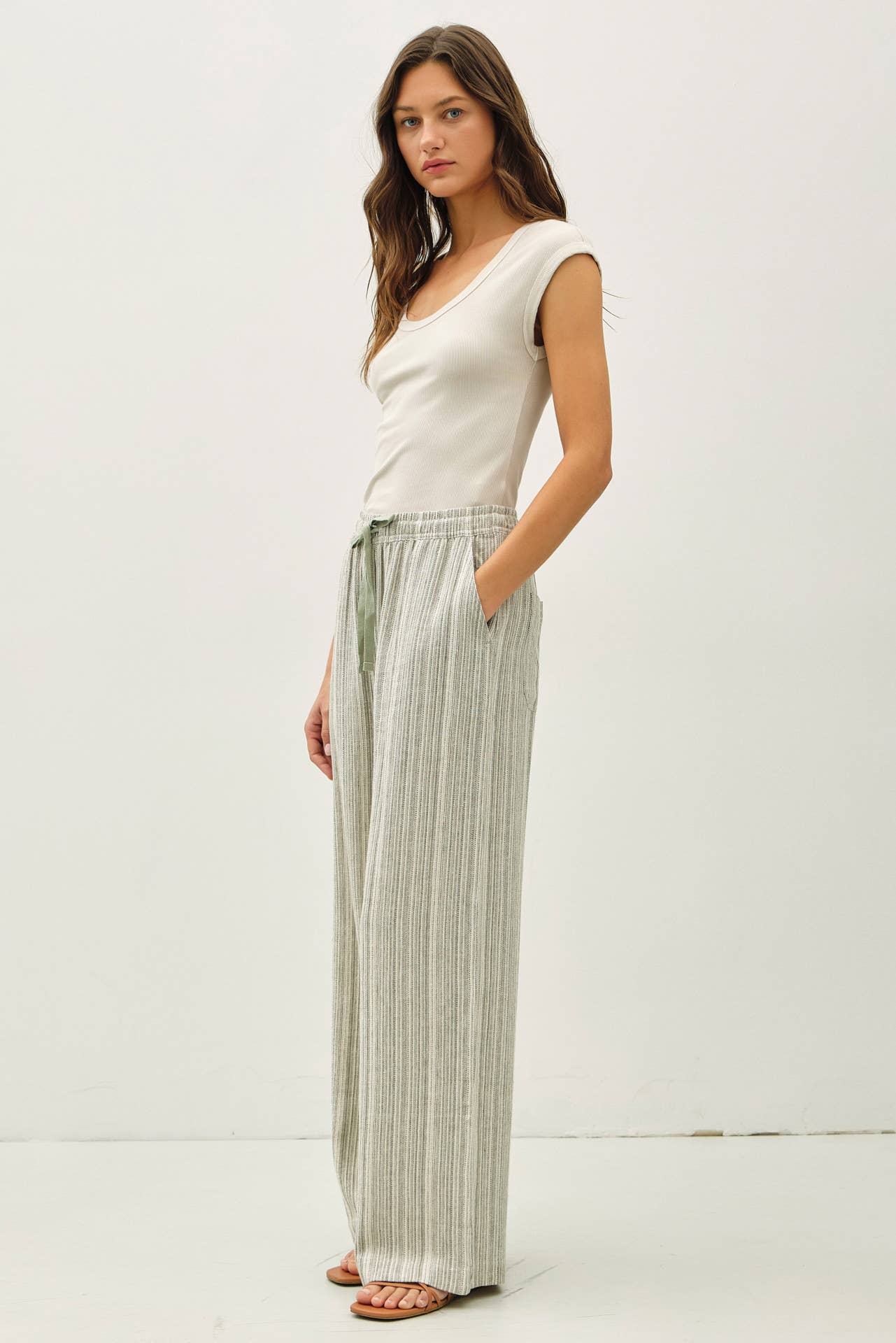 STRIPED LINEN WIDE LEG PANTS