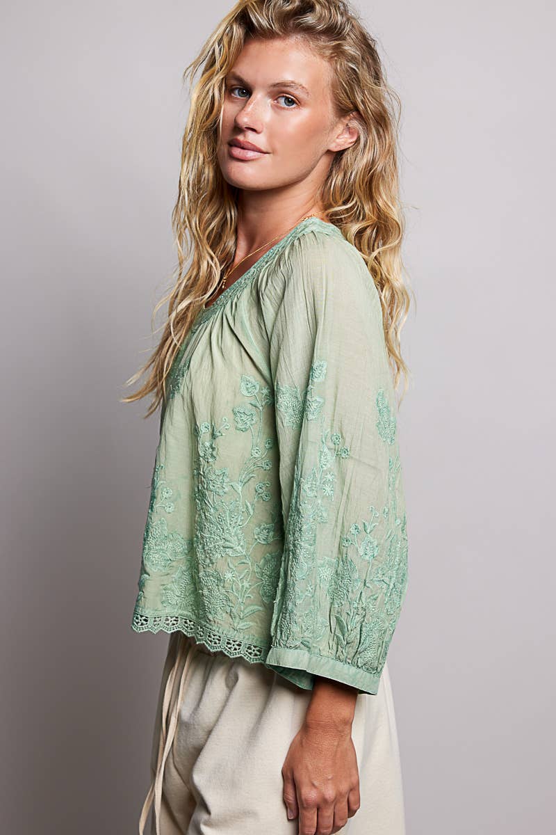 Floral Embroidered Lace Hem Boho Blouse