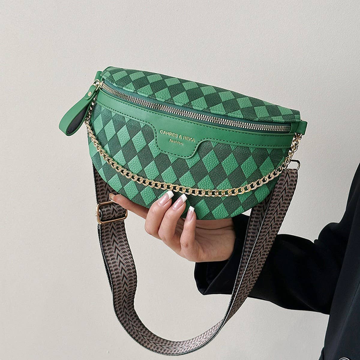 ACCITY - Checkered Chain Strap PU Crossbody Chest Bag_CUAB00597