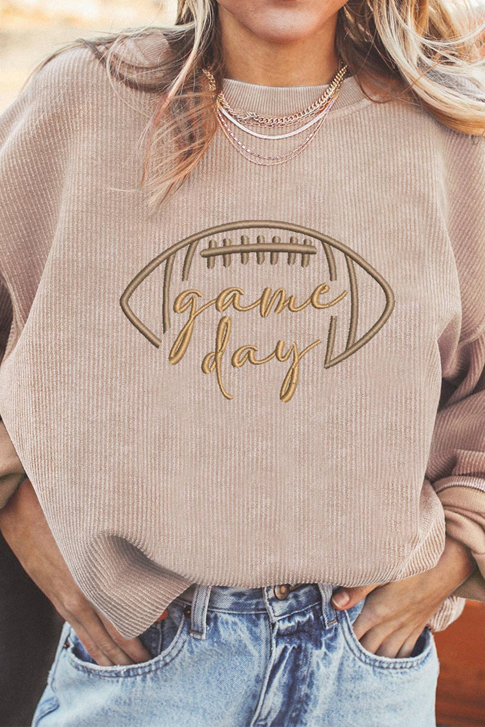 Lovesoft - Apricot Rugby Game Day Embroidered Corduroy Sweatshirt