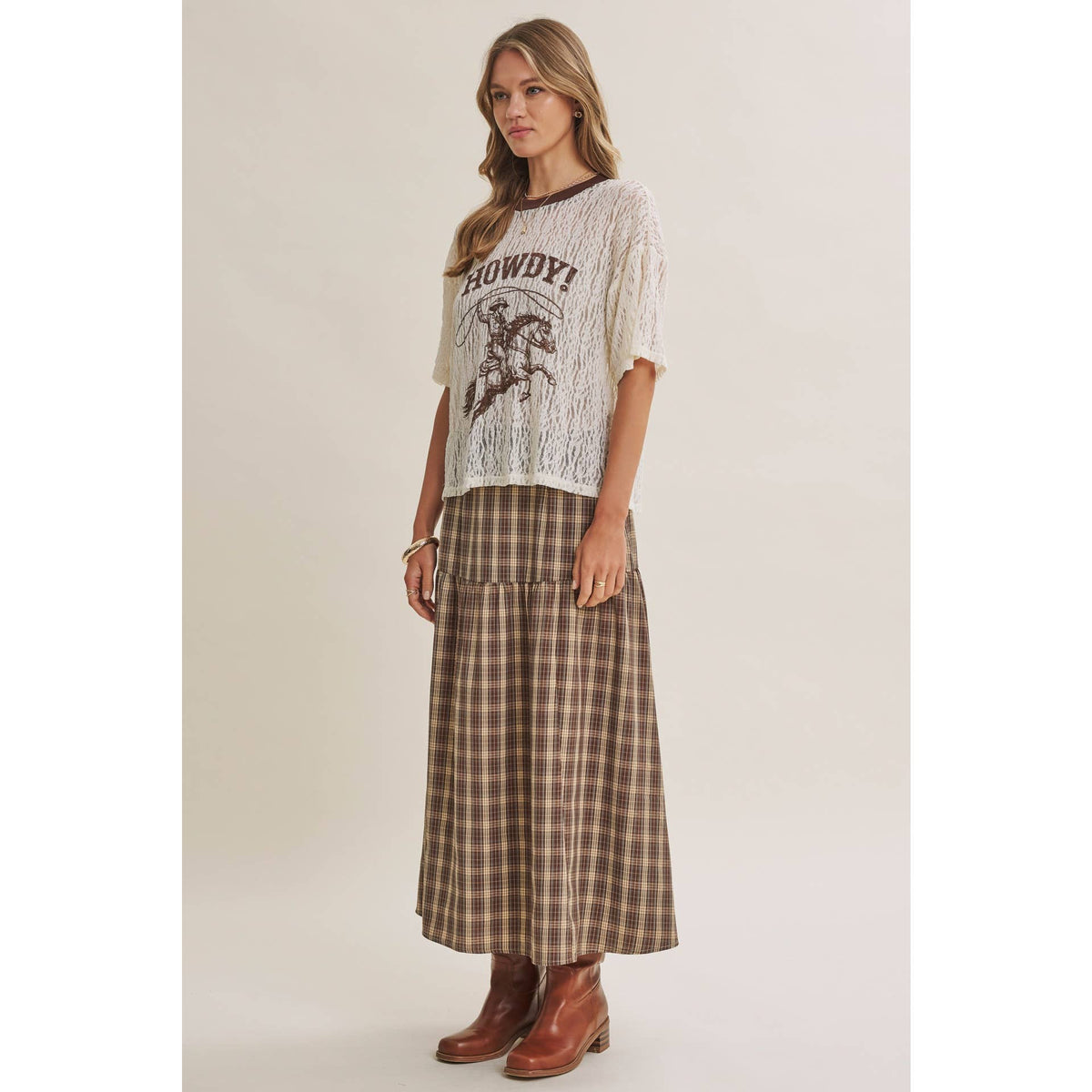 in february - WESTERN INSPIRED HOWDY COWBOY GRAPHIC SHEER LACE TOP