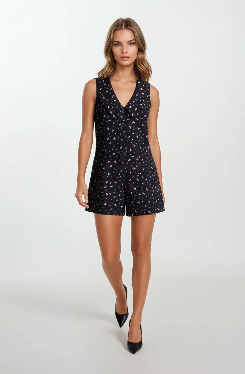 Chambray Floral Button-Front Sleeveless Romper