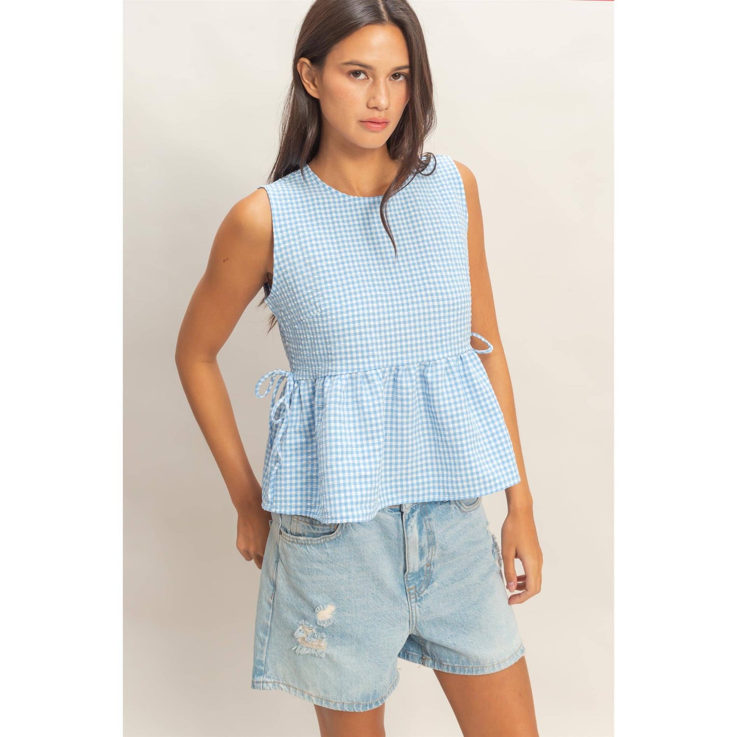 HYFVE - Gingham Sleeveless Peplum Top With Side Ties