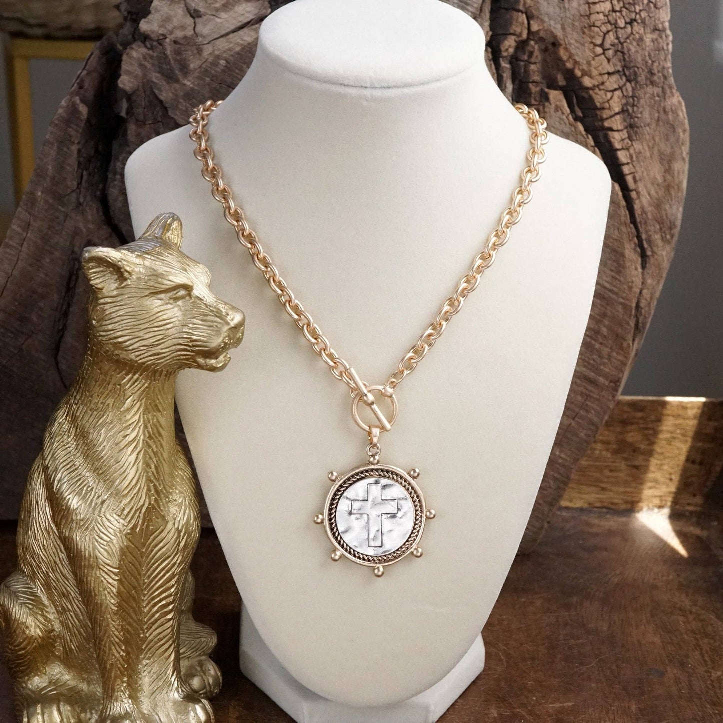 PennyLine inc - Cross Coin Chain Necklace with Front Toggle Closure – Silver or Gold Tone