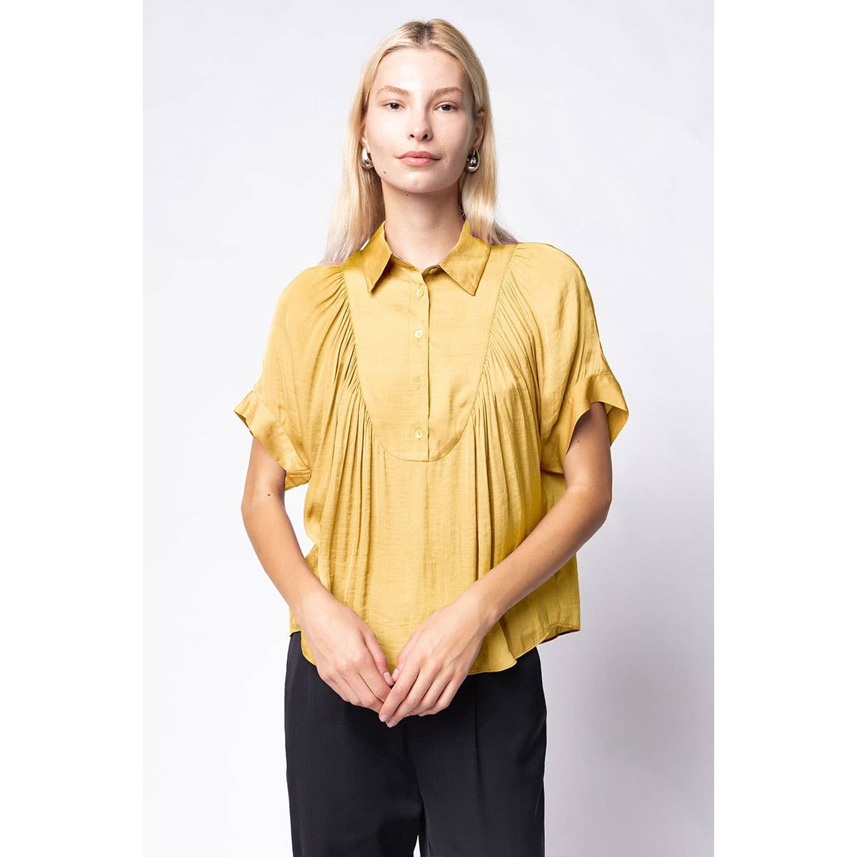 Mustard Short Sleeve Shirt With Front Bib Detail